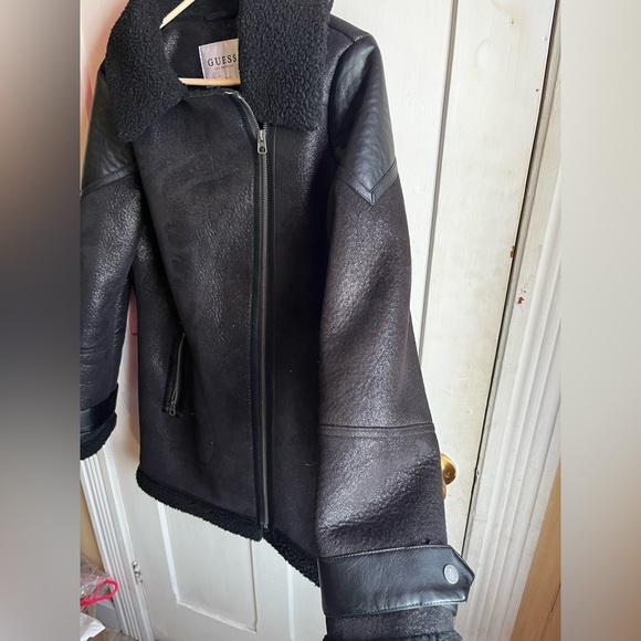 Guess Black Faux Leather Shearling Aviator Jacket Size M- Moto Biker Style - Picture 6 of 6